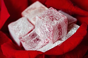 Rose flavoured turkish delight with red rose petals