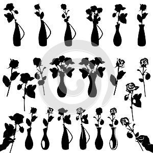 Rose flower black silhouette set, vector illustration