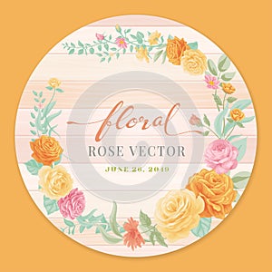 Rose Flower and botanical leaf on wood label circle digital painted illustration