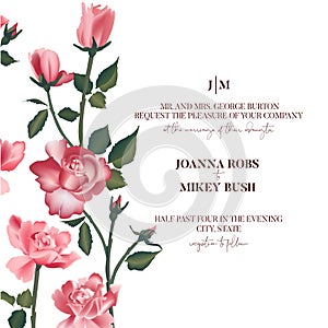 Rose Flower bouquet pink roses bridal design, wedding  invitation. Botany boho texture, reaistic vector illustration. Woman
