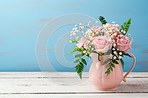 Rose flower bouquet in pink vase over wooden background