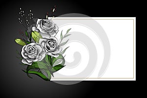 Rose flower bouquet on white frame with black border strict postcard template