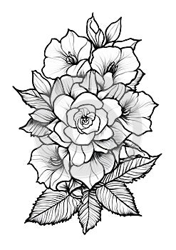 rose flower coloring page, black outline, white background