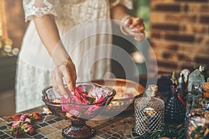 rose flower and essential oil. Spa and aromatherapy.