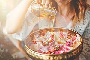 rose flower and essential oil. Spa and aromatherapy.