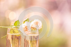 Rose flower on glass wine with blur bokeh background