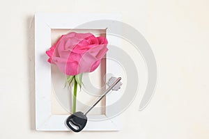 Rose flower and key in frame on beige background