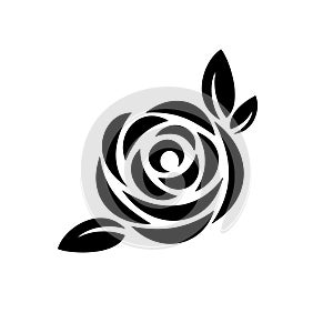 Rose flower with leaves black silhouette logo.