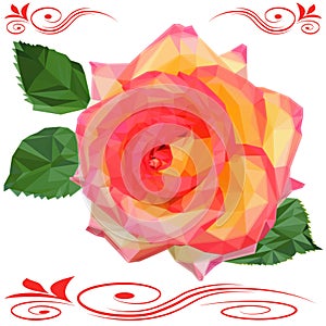 Rose flower with leaves low poly isolated on white background