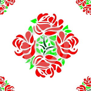 Rose Flower Pattern Seamless with Red Petals and Green Leaves Tile Vector