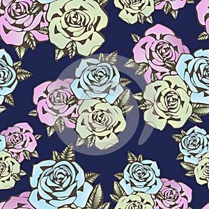 Rose flower seamless pattern, vector background. Flowers roses in unusual colors creative, blue bud, pink and yellow