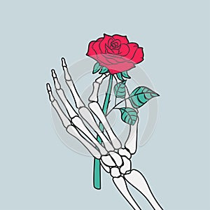 Rose flower in skeleton hand. Vector.