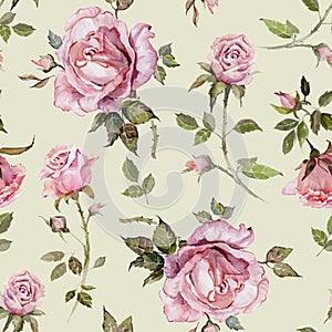 Rose flower on a twig. Seamless floral pattern. Watercolor painting. Hand drawn illustration