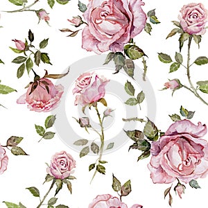 Rose flower on a twig. Seamless floral pattern. Watercolor painting. Hand drawn illustration