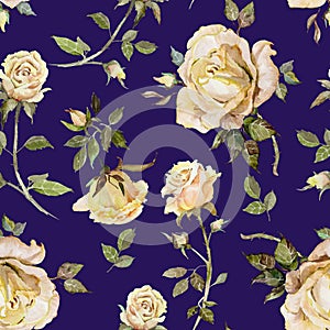 Rose flower on a twig. Seamless floral pattern. Watercolor painting. Hand drawn illustration