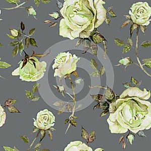 Rose flower on a twig. Seamless floral pattern. Watercolor painting. Hand drawn illustration