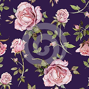 Rose flower on a twig. Seamless floral pattern. Watercolor painting. Hand drawn illustration