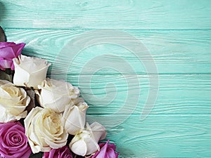 Rose flower on wooden background frame greeting birthday photo