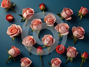 Rose flowers on blue background. Valentines day, mothers day, womens day concept.