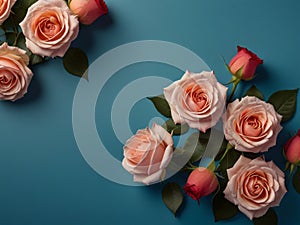 Rose flowers on blue background. Valentines day, mothers day, womens day concept.