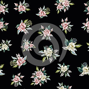 Rose flowers bouquet seamless pattern black background