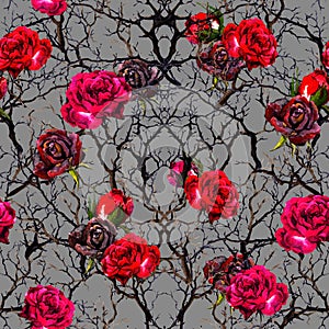 Rose flowers and branches. Seamless pattern. Watercolor