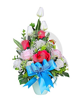 Rose flowers colorful bouquet with blue ribbon bow in vase gift isolated on white background , clipping path