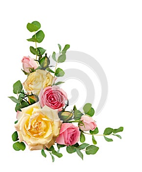 Rose flowers with eucalyptus leaves in a corner arrangement
