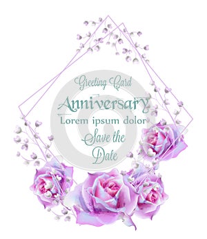 Rose flowers frame card background watercolor Vector. Delicate vintage pastel colors floral decor banners