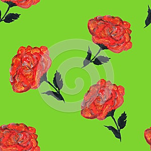 Rose flowers handmade gouache on ligt green background, oil paint seamless pattern gentle. Background for web pages, wedding