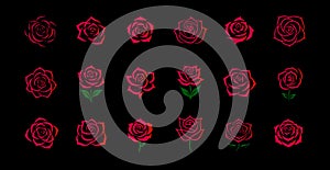Rose flowers icon set, floral logo for boutique fashion, spa, and beauty brands. Luxury symbol of love and romance