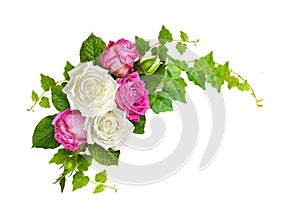 Rose flowers with ivy green leaves in a corner arrangement