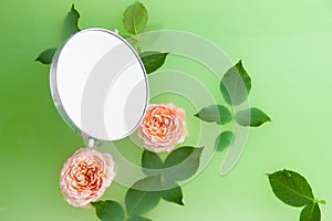 Rose flowers and mirror in milky water