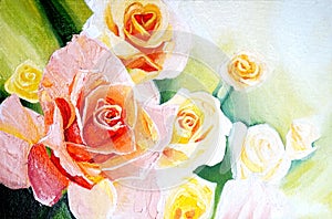 Rose flowers oil painting. Festive, wedding card.
