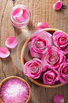 Rose flowers petals herbal salt for spa and aromatherapy