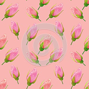 Rose flowers on pink background handmade gouache, oil paint seamless pattern gentle. Background for web pages, wedding invitations