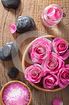 Rose flowers, salt and spa stones