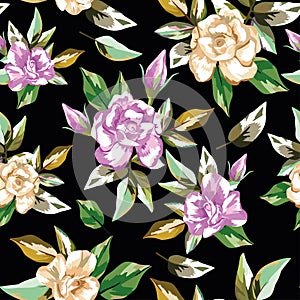 Rose flowers seamless pattern black background