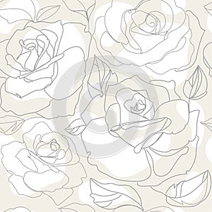 Rose flowers seamless pattern in Line art on neutral pastel background, vector illustration. Elegant style.