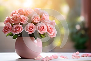 Rose flowers in vase on the table with sunlight on bokeh background. Copy space for add text, Generative AI