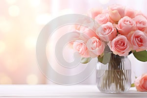 Rose flowers in vase on the table with sunlight on bokeh background. Copy space for add text, Generative AI