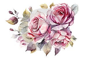 Rose Flowers ,Watercolor Painting isolated on white .AI generated Illustration