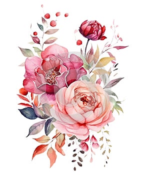 Rose Flowers ,Watercolor Painting isolated on white Background .AI generated illustration