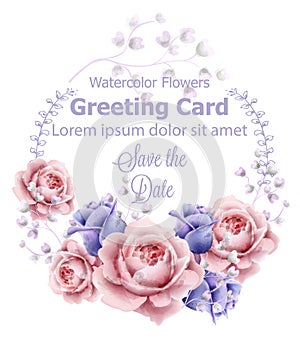Rose flowers wreath frame card watercolor Vector. Delicate vintage pastel colors floral decor banners