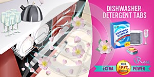 Rose fragrance dishwasher detergent tabs ads. Vector realistic Illustration with dishwasher in kitchen counter and detergent packa