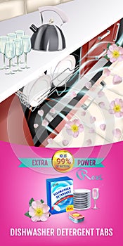 Rose fragrance dishwasher detergent tabs ads. Vector realistic Illustration with dishwasher in kitchen counter and detergent packa