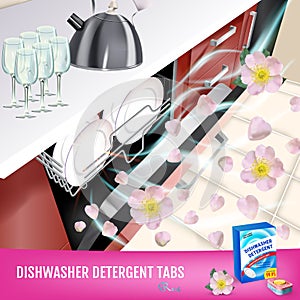 Rose fragrance dishwasher detergent tabs ads. Vector realistic Illustration with dishwasher in kitchen counter and detergent packa