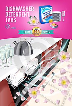 Rose fragrance dishwasher detergent tabs ads. Vector realistic Illustration with dishwasher in kitchen counter and detergent packa