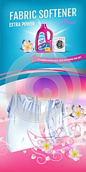 Rose fragrance fabric softener gel ads. Vector realistic Illustration with laundry clothes and softener rinse container. Vertical