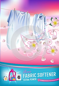 Rose fragrance fabric softener gel ads. Vector realistic Illustration with laundry clothes and softener rinse container. Vertical